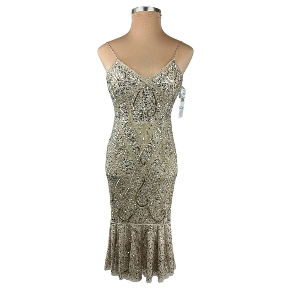 NWT Aidan Mattox Sequin Embellished V-Neck Flutter Hem Midi Dress *Altered* - Picture 2 of 16